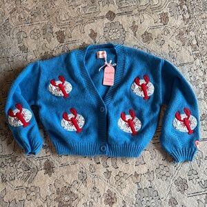 Blue Cardigan with Red Lobster Patches